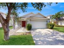 Charming single-story home with lush landscaping and a welcoming red front door at 10739 Shady Preserve Dr, Riverview, FL 33579