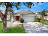 Charming single-story home with a well-manicured lawn, bright red door, and attached two-car garage at 10739 Shady Preserve Dr, Riverview, FL 33579