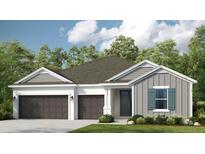 Charming home featuring a three-car garage and attractive curb appeal with lush greenery surrounding the property at 3411 Lumber Falls Dr, Plant City, FL 33565