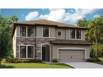 Charming two-story home with a stone facade, neutral paint, lush landscaping, and an attached two-car garage at 14752 Summer Branch Dr, Lithia, FL 33547