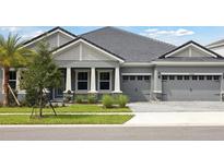 Charming gray home featuring a well-maintained lawn, neutral trim, and an attached two-car garage at 35280 Big Hawk Ln, Zephyrhills, FL 33541