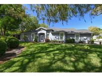 Landscaped front yard with lush green lawn and mature trees shading a gray single story home at 10716 Ashford Oaks Dr, Tampa, FL 33625