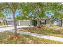 Charming single-story home with well-maintained lawn, mature trees, and a welcoming front entrance at 13643 Tramore Dr, Odessa, FL 33556