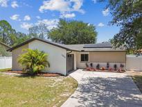 Charming single-story home with a well-manicured lawn, solar panels, and a driveway at 13835 Pathfinder Dr, Tampa, FL 33625