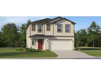 Charming two-story home with neutral siding, brown accents, a red front door, and an attached two-car garage at 5627 Red Kite Dr, Wimauma, FL 33598