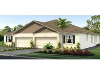 Beautiful single-story home with a three-car garage, neutral colors, lush landscaping, and a palm tree at 31458 Paper Birch St, Wesley Chapel, FL 33545