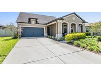 Charming single-story home featuring a well-manicured lawn and a two-car garage, creating a welcoming curb appeal at 8296 Olive Brook Dr, Wesley Chapel, FL 33545