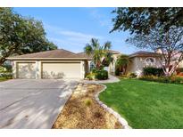 Charming single-story home with a lush lawn, palm trees and a three-car garage at 9408 Sayre St, Riverview, FL 33569