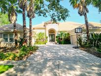 Stunning single-Gathering home featuring a beautiful tile roof, arched entryway, and lush landscaping, with a paved driveway at 15101 Kestrelglen Way, Lithia, FL 33547