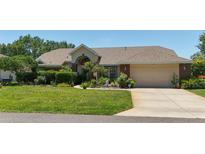 Charming single Gathering home featuring a well-manicured lawn, lush landscaping, and a welcoming two-car garage at 5465 Chestnut Ridge Rd, Dade City, FL 33523