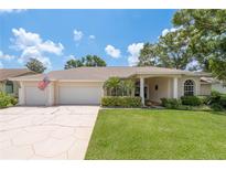 Charming single-story home with an attached three-car garage and well-manicured lawn at 627 Belted Kingfisher N Dr, Palm Harbor, FL 34683
