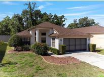 Charming single-story home featuring a well-maintained lawn, mature landscaping, and a two-car garage at 9200 Halberg Dr, Hudson, FL 34669