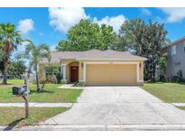 Charming single-story home featuring a two-car garage, well-maintained lawn, and tropical landscaping at 13437 Beechberry Dr, Riverview, FL 33579