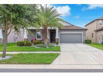 Inviting home boasts a well-manicured lawn, beautiful landscaping, and a cozy front porch at 13912 Painted Bunting Ln, Riverview, FL 33579