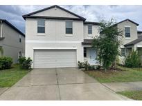 Two-story home featuring a two-car garage, light blue front door and manicured landscaping at 3810 Romano Busciglio St, Tampa, FL 33619