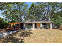 Charming single-story home featuring a well-manicured lawn and a delightful golf cart at 1516 Santa Anna Dr, Dunedin, FL 34698