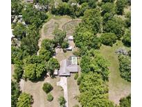 Expansive aerial view showcasing the home's secluded lot, pool, and lush landscaping at 17830 Simmons Rd, Lutz, FL 33548