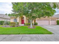 Charming single-story home featuring a well-manicured lawn, mature tree, and a three-car garage, offering curb appeal at 18444 Eastwyck Dr, Tampa, FL 33647