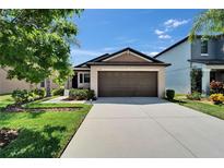 Inviting single-Gathering house boasting manicured lawn, a spacious driveway, and attached two-car garage at 11121 Hudson Hills Ln, Riverview, FL 33579