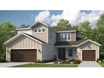 Charming two-story home with a combination of stone and siding and a well-manicured lawn at 34053 Anchor Light Ln, Wesley Chapel, FL 33543