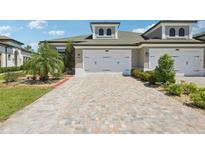 Home with a brick driveway and a two-car garage with a palm tree in the yard at 4325 Barletta Ct, Wesley Chapel, FL 33543