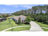 Inviting single-story home features a well-manicured lawn, mature landscaping, and a long driveway leading to a two-car garage at 8016 Rock Spring Ct, Land O Lakes, FL 34638