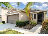 Charming single-story home with a well-manicured lawn, two car garage and inviting entrance at 17334 White Mangrove Dr, Wimauma, FL 33598
