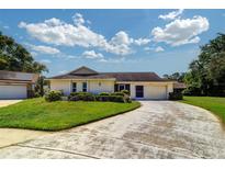 Well-maintained home with lush landscaping and a paved driveway leading to the garage at 3053 Gregor Ct, Palm Harbor, FL 34684