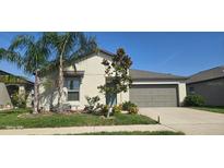 Charming home with a well-maintained lawn, mature palm trees and a two car garage at 4433 Eternal Prince Dr, Sun City Center, FL 33573