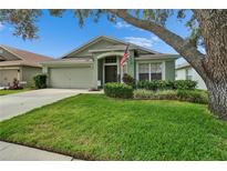 Landscaped front yard of single-story home featuring green grass, shrubbery, and an attached garage at 10449 Hunters Haven Blvd, Riverview, FL 33578