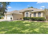 Tan home featuring arched windows and manicured shrubs set on a bright green lawn at 3023 Minuteman Ln, Brandon, FL 33511