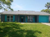 Charming single-story home featuring a colorful exterior and well-maintained front lawn at 3317 Honeymoon Ln, Holiday, FL 34691