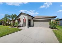 Charming single-story home with a well-maintained lawn and inviting curb appeal at 5043 White Chicory Dr, Apollo Beach, FL 33572
