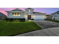 Beautiful one-story home featuring manicured lawn and a paved driveway leading to an attached two-car garage at 8421 Ivy Stark Blvd, Wesley Chapel, FL 33545