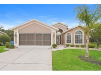 Charming home featuring a well-maintained lawn, two-car garage, and a beautiful palm tree at 11741 Teapot Ct, Spring Hill, FL 34609