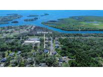 Stunning aerial view of 1820 Ruimar Ln with beautiful waterfront views and lush greenery surrounding the property at 1820 Rumar Ln, Holiday, FL 34691