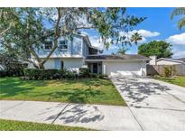 Charming two-story home with blue accents, lush landscaping, and a spacious driveway and front yard at 15604 Deerglen Dr, Tampa, FL 33624