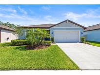 Charming single-story home with a well-manicured lawn, complemented by mature landscaping and a two-car garage at 30273 Marquette Ave, Wesley Chapel, FL 33545