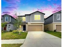 Charming two-story home with gray siding, a two-car garage, and a well-manicured lawn at 12617 Maple Bonsai Dr, Riverview, FL 33579
