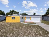 Charming single-story home featuring a yellow accent wall, a white door, and an attached garage at 12901 College Hill Dr, Hudson, FL 34667