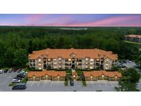 An aerial view of the condos shows a tiled roof, trees in the back, plenty of parking and lovely landscaping at 18107 Peregrines Perch Pl # 6303, Lutz, FL 33558