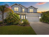 Charming two-story home with lush landscaping and a two-car garage, painted in neutral tones with a welcoming entrance at 3161 Satilla Loop, Odessa, FL 33556