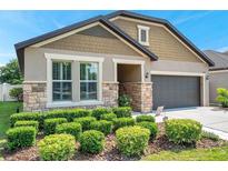 Charming home featuring stone accents, a two-car garage, and lush, manicured landscaping at 11314 American Holly Dr, Riverview, FL 33578