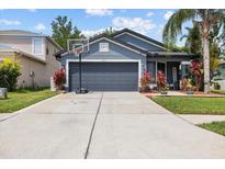 Charming single-story home with a well-manicured lawn, inviting entrance, and basketball hoop at 18516 Snowdonia Dr, Land O Lakes, FL 34638