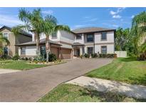 Beautiful two-story home featuring a well-manicured lawn and mature palm trees at 5057 Ivory Stone Dr, Wimauma, FL 33598