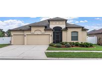 Charming home featuring a three-car garage, manicured landscaping, and a stylish architectural design at 8511 White Poplar Dr, Riverview, FL 33578