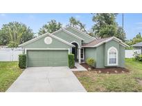 Charming single-story home showcasing a well-maintained lawn and attached two-car garage at 9712 White Barn Way, Riverview, FL 33569