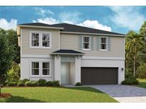 Charming two-story home featuring a pristine lawn, complemented by a two-car garage and inviting front entrance at 9941 Surrey Rose Dr, San Antonio, FL 33576