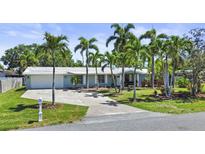 Charming single-story home with a well-manicured lawn and driveway, surrounded by tall palm trees at 10011 46Th W Ave, Bradenton, FL 34210