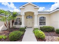 Inviting front entrance with elegant columns, double doors, and manicured landscaping at 1212 Baycove Ln, Lutz, FL 33549
